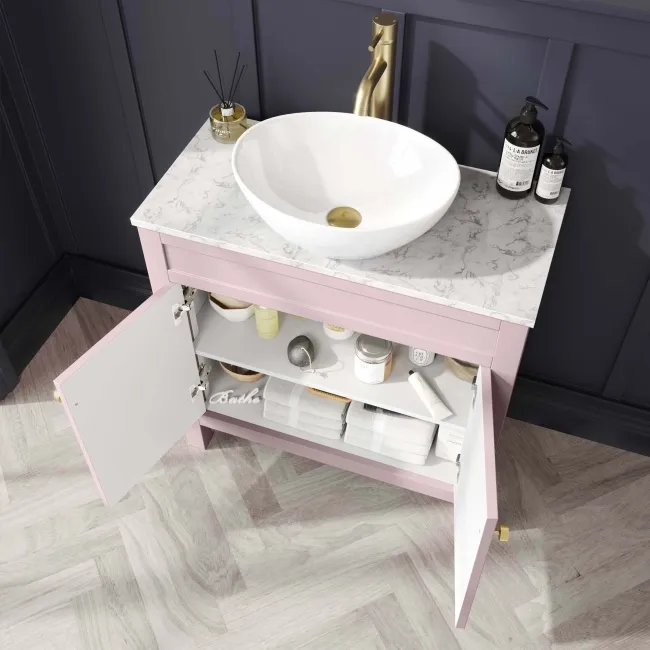 Bermuda Cashmere Pink Vanity with Marble Top & Oval Counter Top Basin 800mm - Brushed Brass Accents