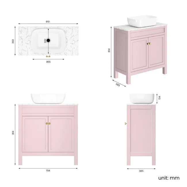 Bermuda Cashmere Pink Vanity with Marble Top & Curved Counter Top Basin 800mm - Brushed Brass Accents