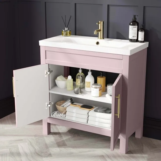 Bermuda Cashmere Pink Basin Vanity 800mm - Brass Knurled Handles