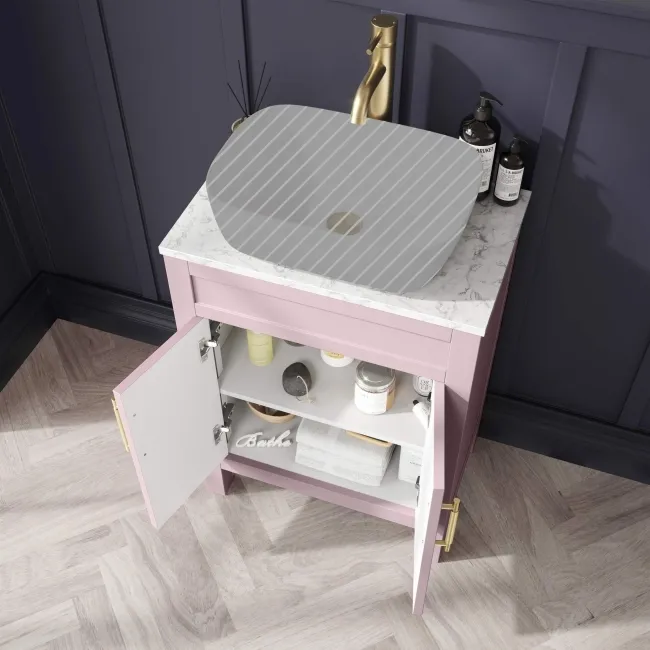 Bermuda Cashmere Pink Cabinet with Marble Top 600mm (Excludes Counter Top Basin) - Brass Knurled Handles