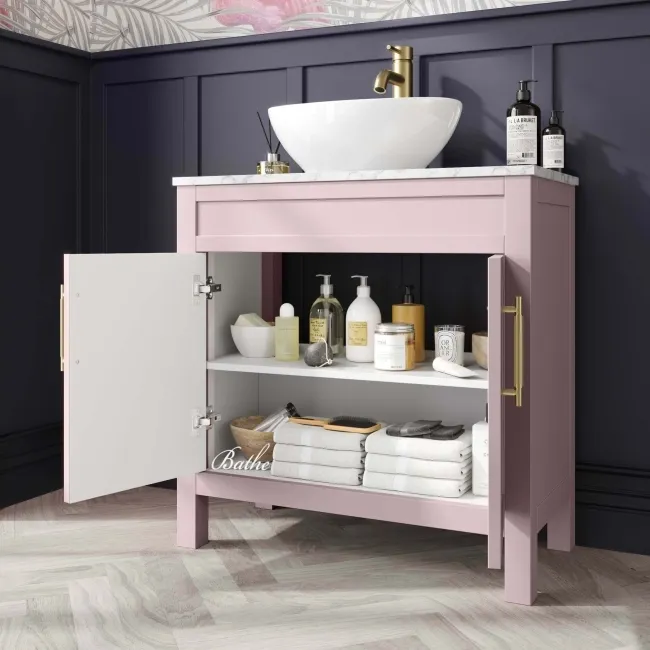 Bermuda Cashmere Pink Vanity with Marble Top & Oval Counter Top Basin 800mm - Brass Knurled Handles