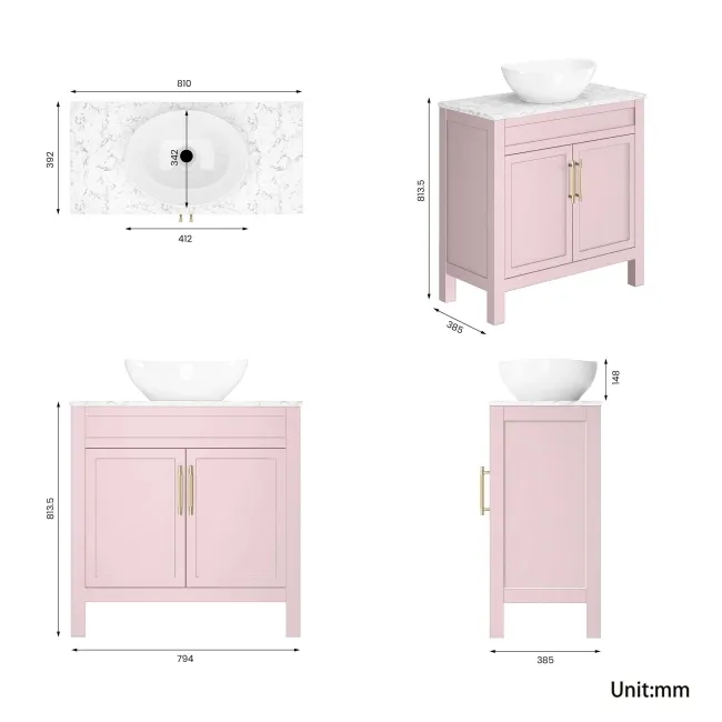 Bermuda Cashmere Pink Vanity with Marble Top & Oval Counter Top Basin 800mm - Brass Knurled Handles