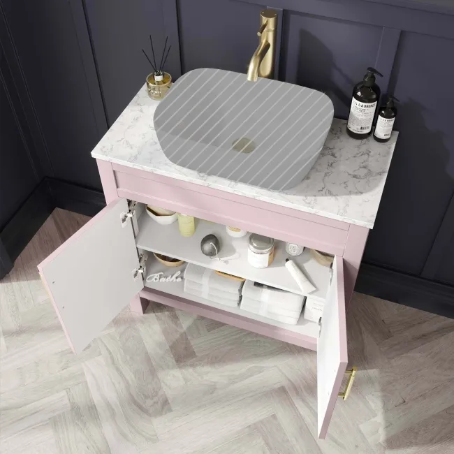Bermuda Cashmere Pink Cabinet with Marble Top 800mm (Excludes Counter Top Basin) - Brass Knurled Handles
