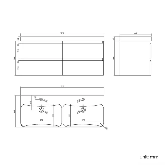 Corsica Tungsten Grey Wall Hung Double Basin Drawer Vanity 1200mm