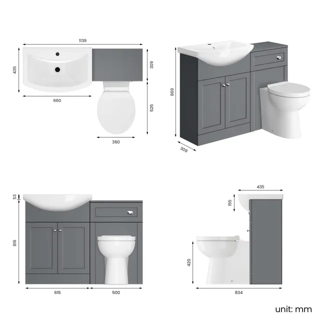 Capri Fog Grey Combination Vanity Basin and Austin Toilet 1150mm - Chrome Handles