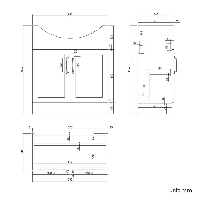 Capri Fog Grey Vanity with Semi Recessed Basin 750mm - Traditional Handles
