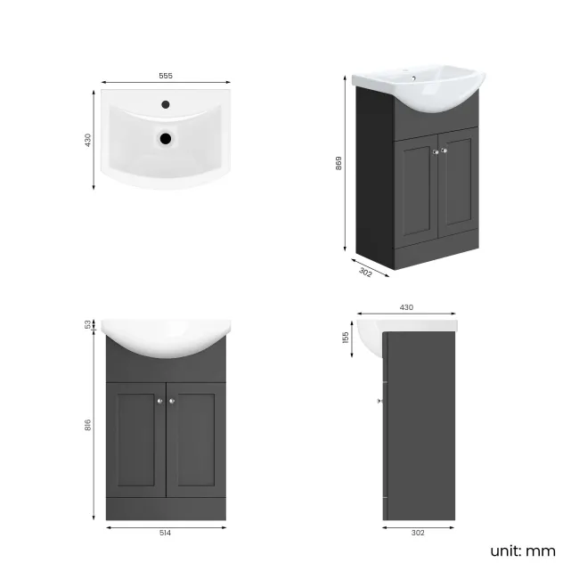 Capri Slate Grey Vanity with Semi Recessed Basin 550mm - Brushed Handles