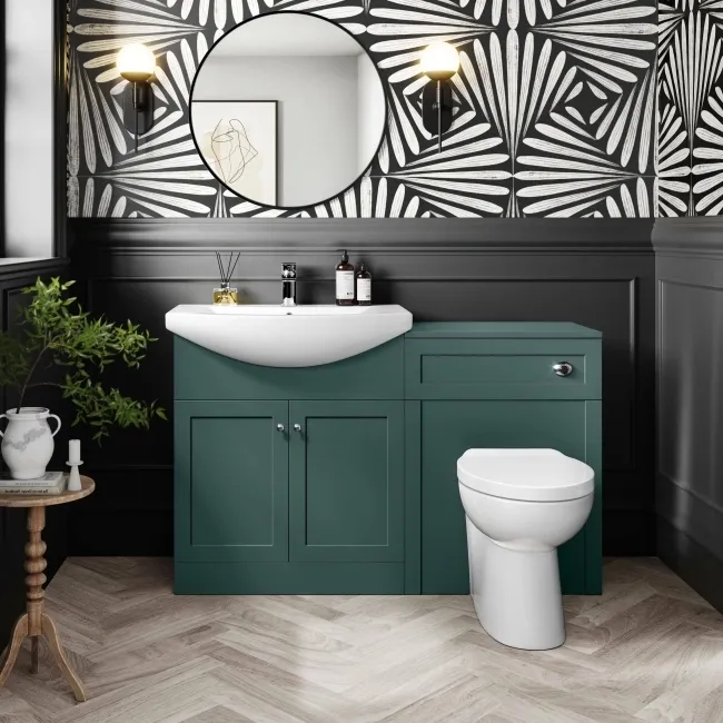 Capri Mystic Green Combination Vanity Basin and Austin Toilet 1350mm - Chrome Handles
