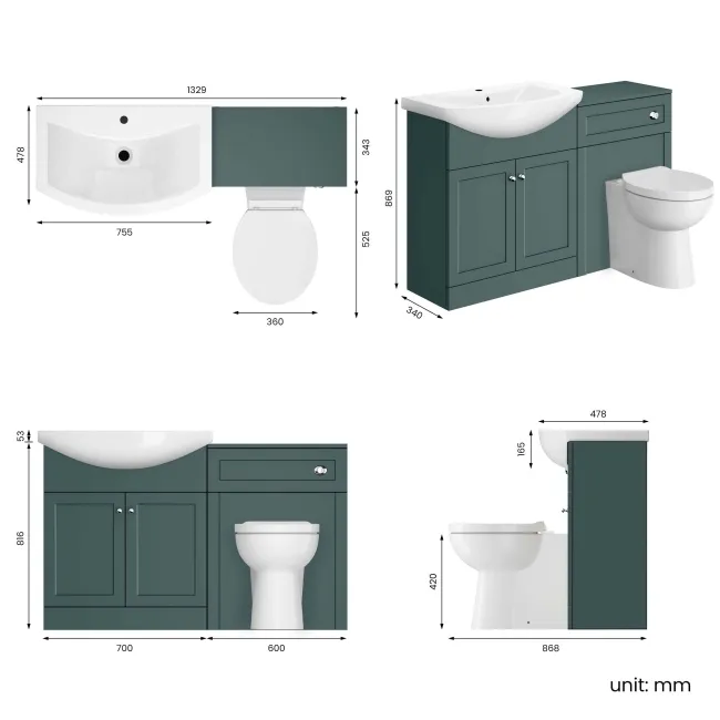 Capri Mystic Green Combination Vanity Basin and Austin Toilet 1350mm - Chrome Handles