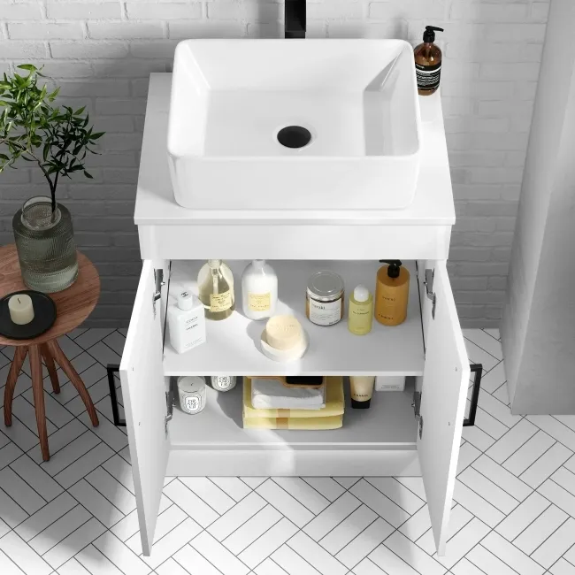 Mersey Gloss White Vanity with Troy Basin 600mm - Black Accents