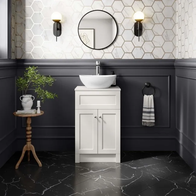 Milos Cotton White Vanity with Oval Basin 500mm - Brushed Handles