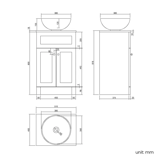 Milos Cotton White Vanity with Mesa Basin 500mm - Brushed Handles