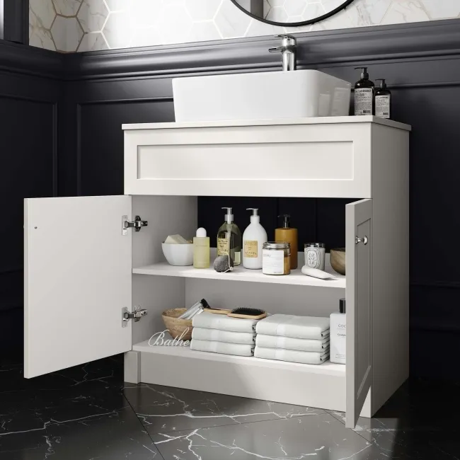 Milos Cotton White Vanity with Troy Basin 800mm - Brushed Handles
