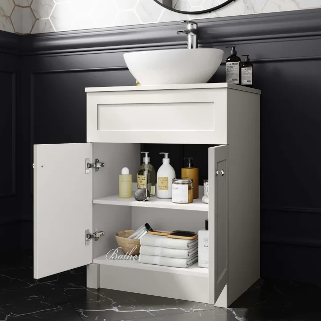 Milos Cotton White Vanity with Oval Basin 600mm - Chrome Handles