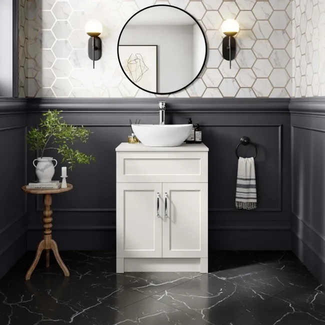 Milos Cotton White Vanity with Oval Basin 600mm - Traditional Handles