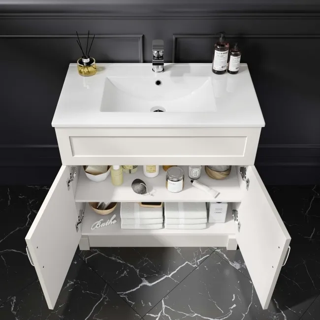 Milos Cotton White Basin Vanity 800mm - Traditional Handles