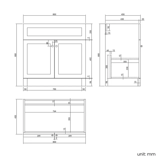 Milos Fog Grey Basin Vanity 800mm - Brushed Handles