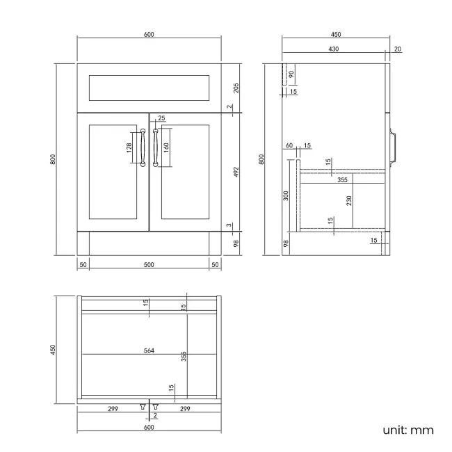 Milos Fog Grey Basin Vanity 600mm - Traditional Handles