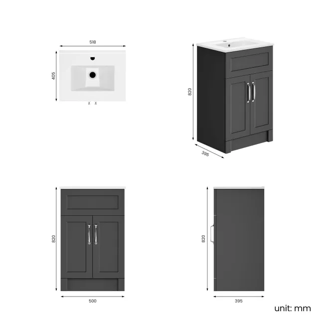 Milos Slate Grey Basin Vanity 500mm - Traditional Handles