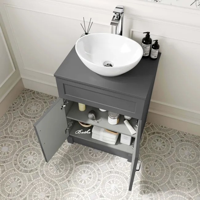 Milos Slate Grey Vanity with Oval Basin 600mm - Traditional Handles