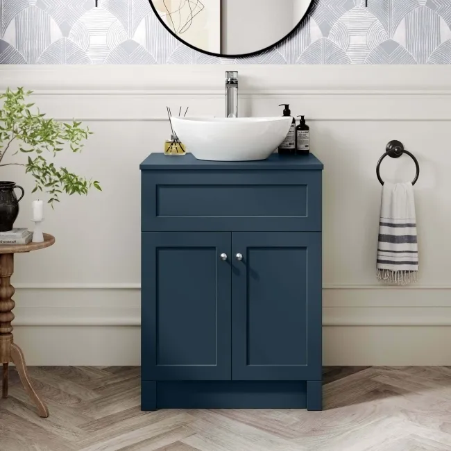 Milos Navy Blue Vanity with Oval Basin 600mm - Brushed Handles