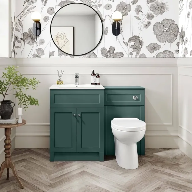 Milos Mystic Green Combination Vanity Basin and Austin Toilet 1100mm - Chrome Handles