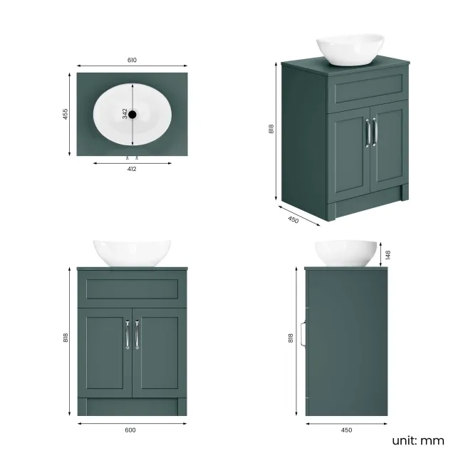 Milos Mystic Green Vanity with Oval Basin 600mm - Traditional Handles