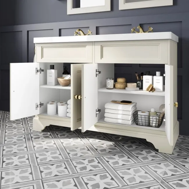 Lucia Chalk White Double Basin Vanity 1200mm - Brushed Brass Accents