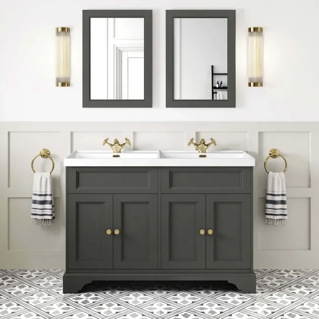 Lucia Graphite Grey Double Basin Vanity 1200mm - Brushed Brass Accents