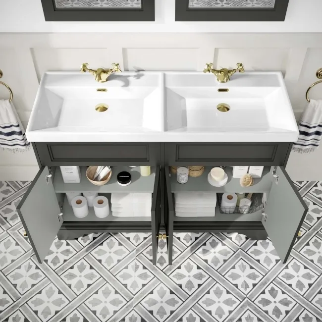 Lucia Graphite Grey Double Basin Vanity 1200mm - Brushed Brass Accents
