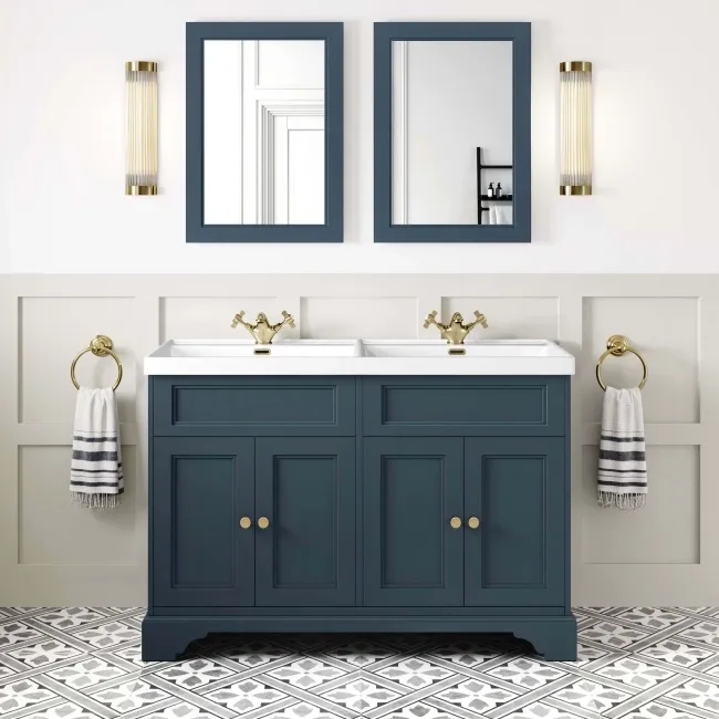 Lucia Inky Blue Double Basin Vanity 1200mm - Brushed Brass Accents