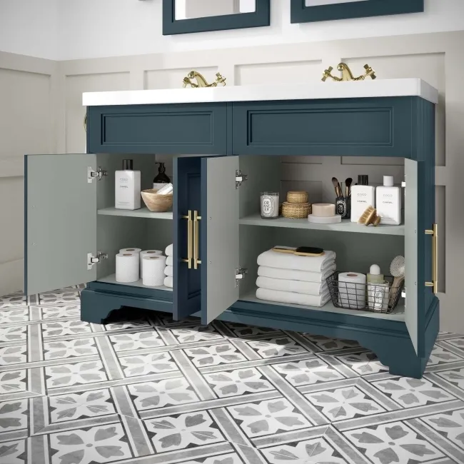 Lucia Inky Blue Double Basin Vanity 1200mm - Brass Knurled Handles