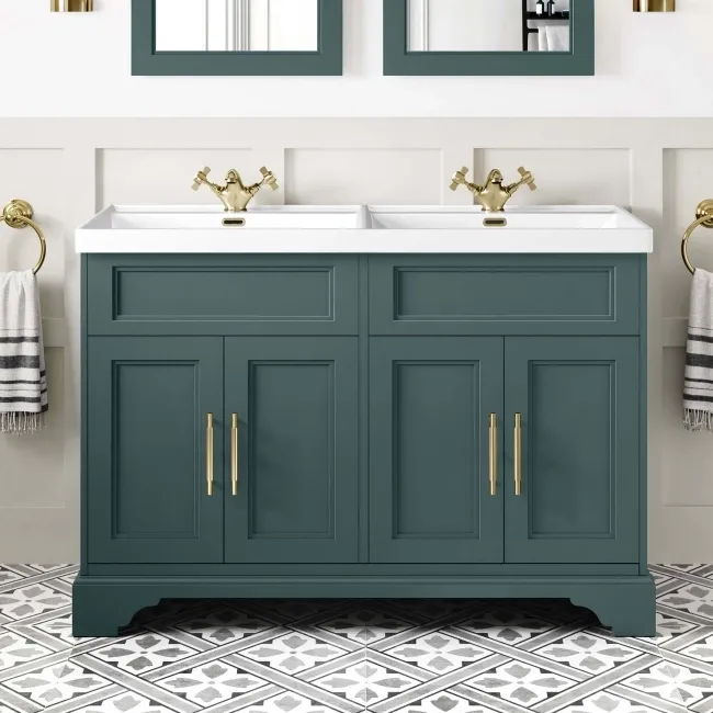 Lucia Midnight Green Double Basin Vanity 1200mm - Brass Knurled Handles