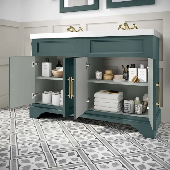 Lucia Midnight Green Double Basin Vanity 1200mm - Brass Knurled Handles