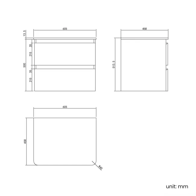Corsica Gloss White Wall Hung Drawer Vanity with Marble Top 600mm - Excludes Counter Top Basin