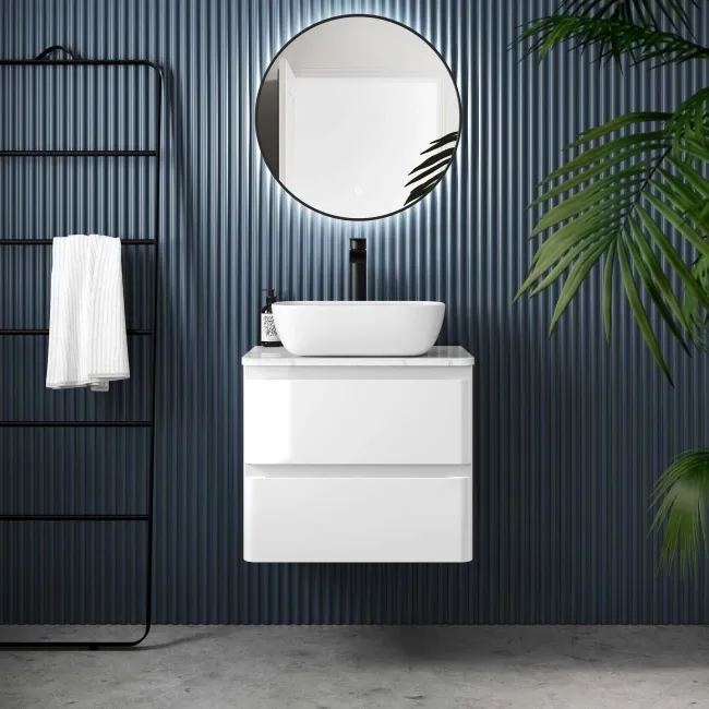 Corsica Gloss White Wall Hung Drawer Vanity with Marble Top & Curved Counter Top Basin 600mm