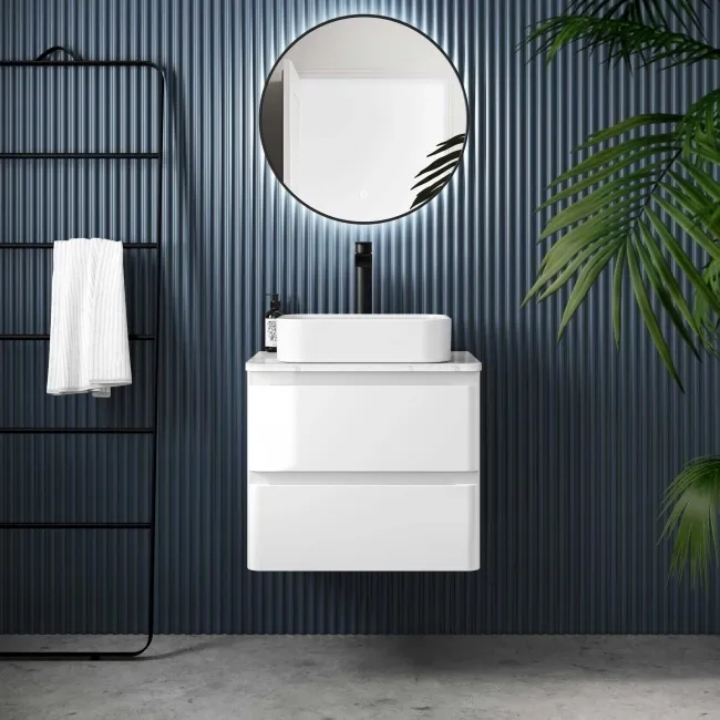 Corsica Gloss White Wall Hung Drawer Vanity with Marble Top & Marin Basin 600mm