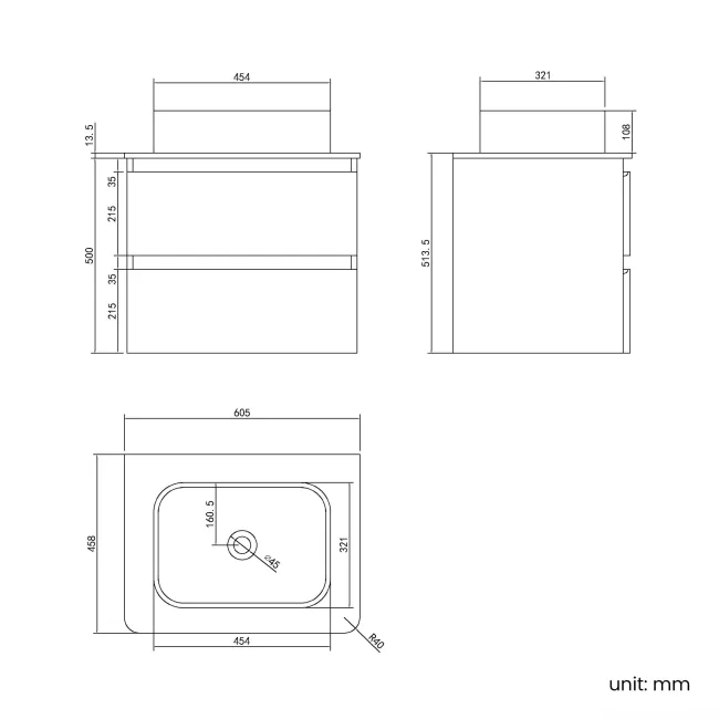 Corsica Gloss White Wall Hung Drawer Vanity with Marble Top & Marin Basin 600mm