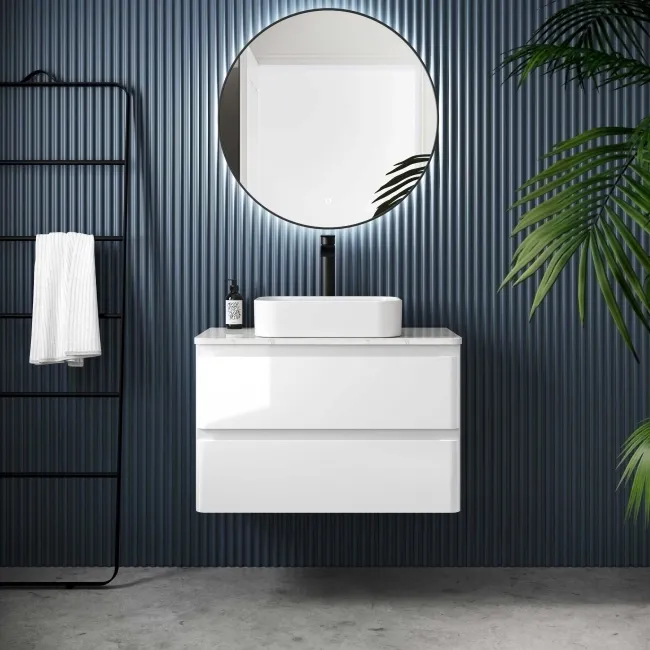 Corsica Gloss White Wall Hung Drawer Vanity with Marble Top & Marin Basin 800mm