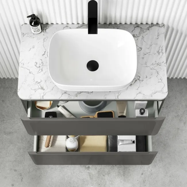Corsica Tungsten Grey Vanity Drawer with Marble Top & Curved Counter Top Basin 800mm