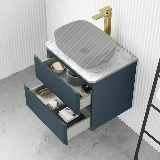 Corsica Inky Blue Wall Hung Drawer Vanity with Marble Top 600mm - Excludes Counter Top Basin