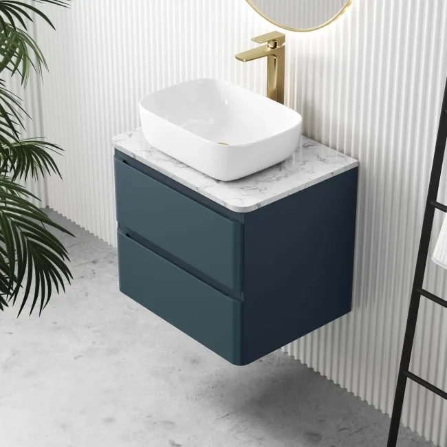 Corsica Inky Blue Wall Hung Drawer Vanity with Marble Top & Curved Counter Top Basin 600mm