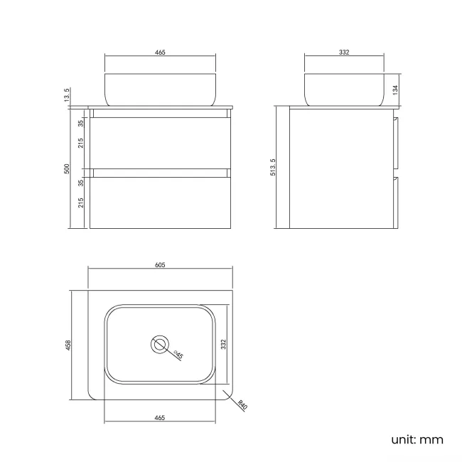 Corsica Inky Blue Wall Hung Drawer Vanity with Marble Top & Curved Counter Top Basin 600mm
