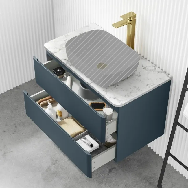 Corsica Inky Blue Wall Hung Drawer Vanity with Marble Top 800mm - Excludes Counter Top Basin
