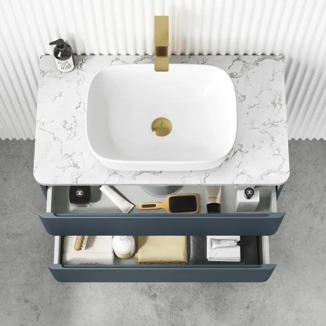 Corsica Inky Blue Wall Hung Drawer Vanity with Marble Top & Curved Counter Top Basin 800mm
