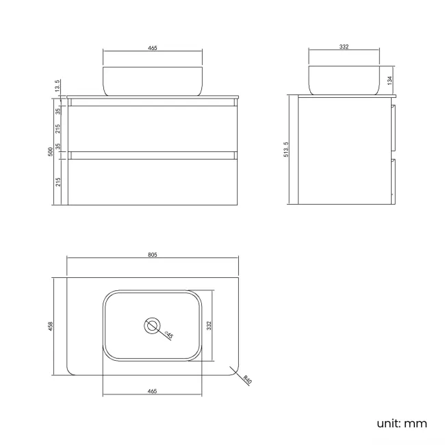Corsica Inky Blue Wall Hung Drawer Vanity with Marble Top & Curved Counter Top Basin 800mm