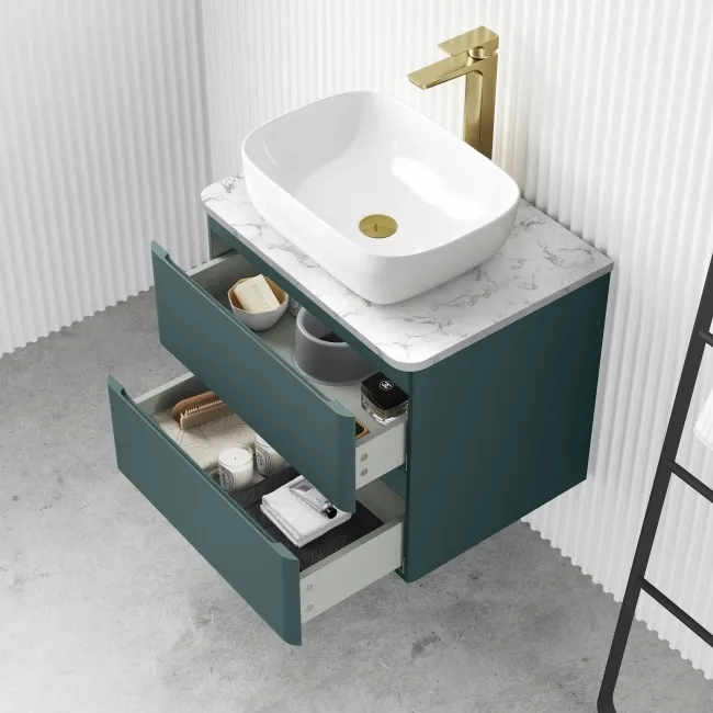 Corsica Midnight Green Wall Hung Drawer Vanity with Marble Top & Curved Counter Top Basin 600mm