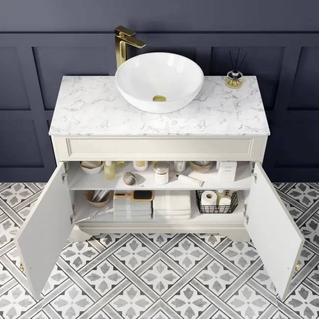 Lucia Chalk White Vanity with Marble Top & Round Counter Top Basin 1030mm - Brushed Brass Accents