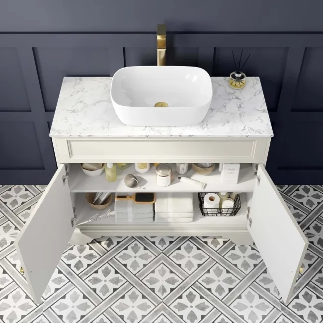 Lucia Chalk White Vanity with Marble Top & Curved Counter Top Basin 1030mm - Brushed Brass Accents