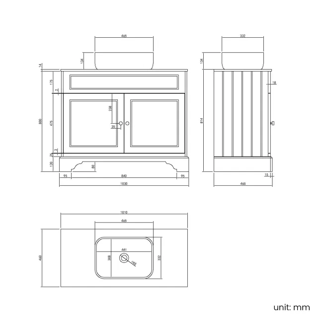 Lucia Chalk White Vanity with Marble Top & Curved Counter Top Basin 1030mm - Brushed Brass Accents